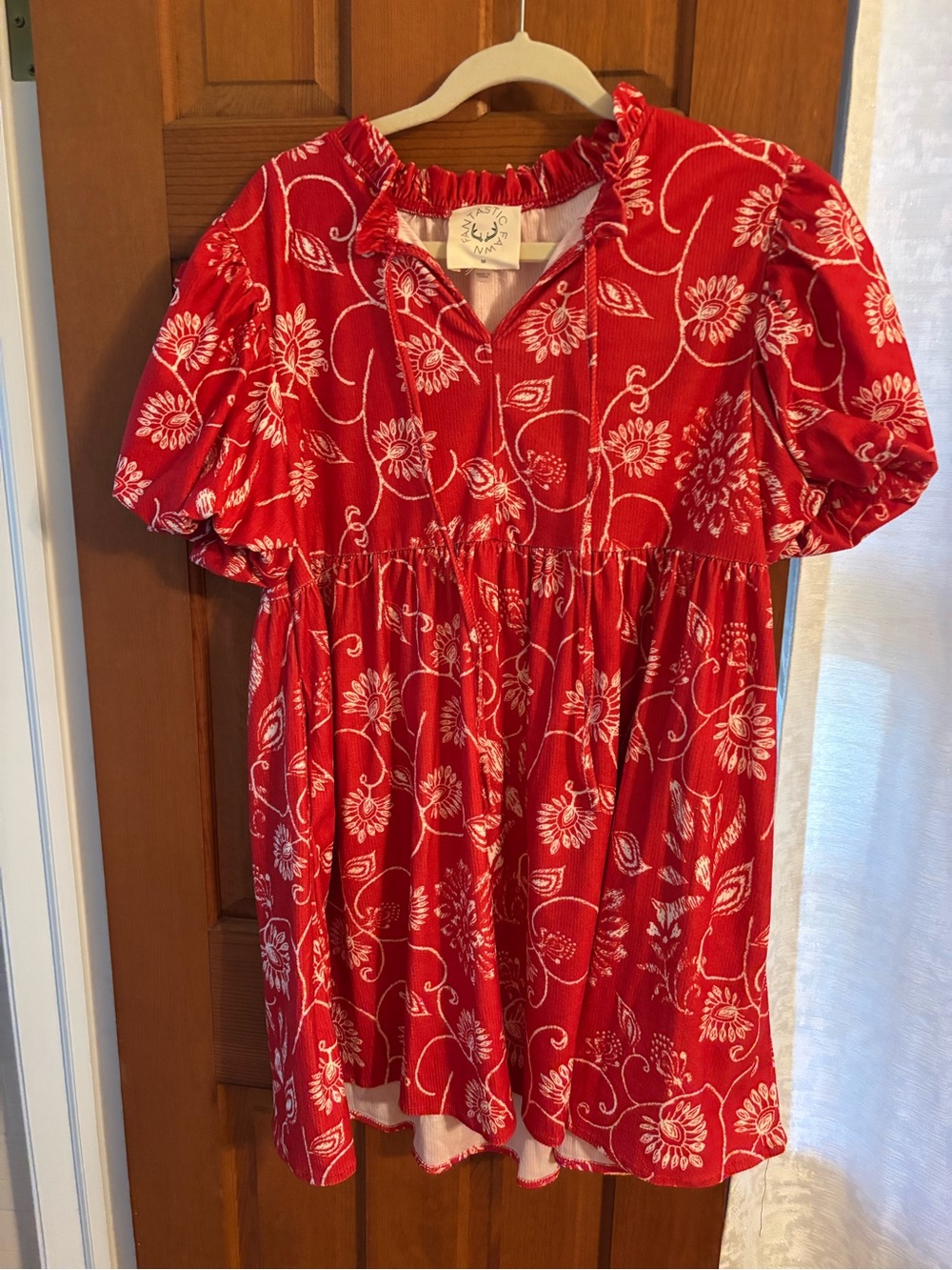Fantastic Fawn Red Floral Ruffled Neck Dress